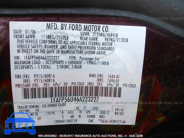 2006 Ford Taurus 1FAFP56U46A223227 зображення 8