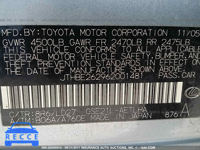 2006 Lexus IS JTHBE262962001481 image 8