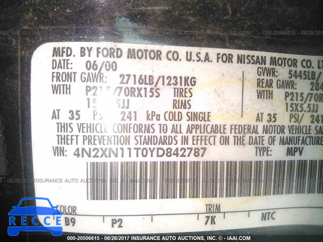2000 Nissan Quest SE/GLE/GXE 4N2XN11T0YD842787 зображення 8