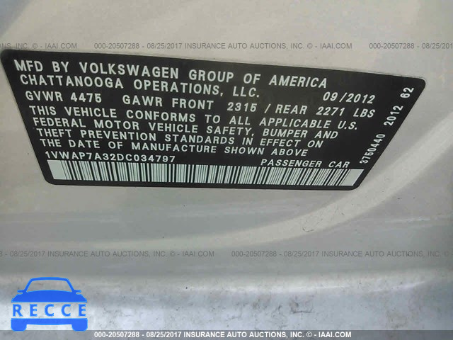2013 Volkswagen Passat 1VWAP7A32DC034797 зображення 8