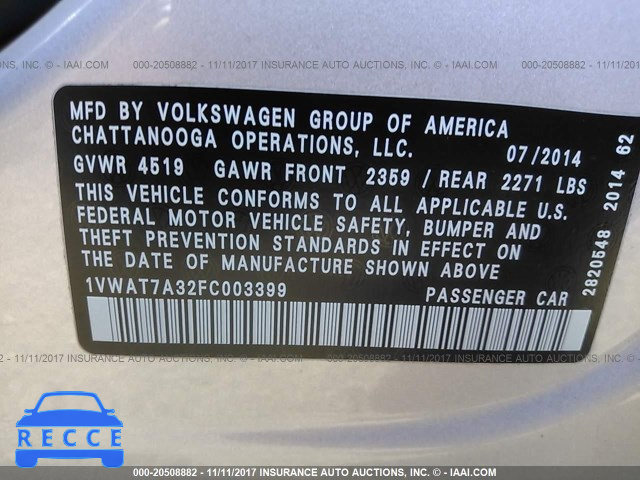 2015 Volkswagen Passat S 1VWAT7A32FC003399 image 8