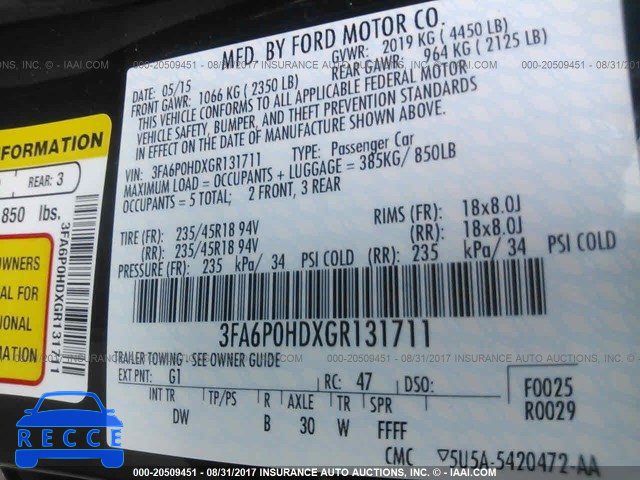 2016 Ford Fusion 3FA6P0HDXGR131711 image 8