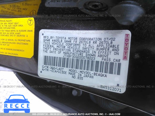 2002 Lexus ES JTHBF30G220078223 image 8