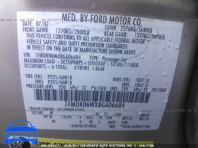 2008 Ford Taurus X 1FMDK06WX8GA06684 зображення 8
