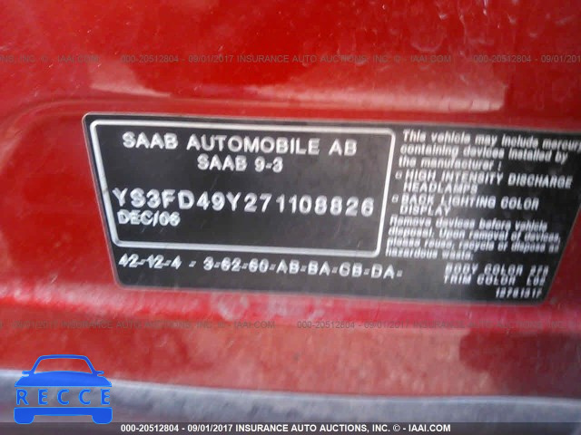 2007 Saab 9-3 2.0T YS3FD49Y271108826 зображення 8