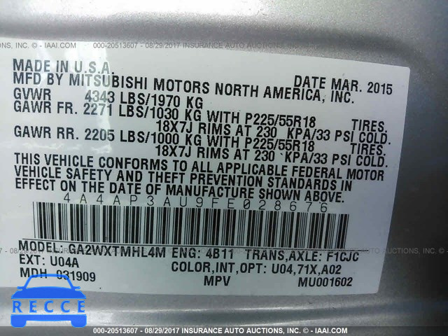 2015 Mitsubishi Outlander Sport 4A4AP3AU9FE028676 image 8