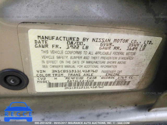 2001 Nissan Sentra XE/GXE 3N1CB51D11L418760 image 8