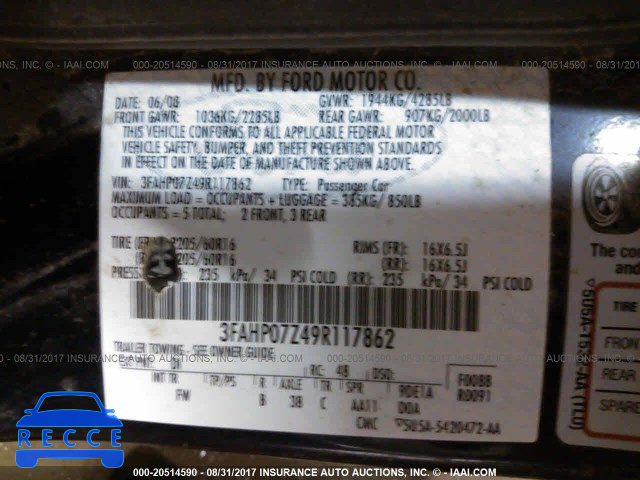 2009 Ford Fusion 3FAHP07Z49R117862 зображення 8