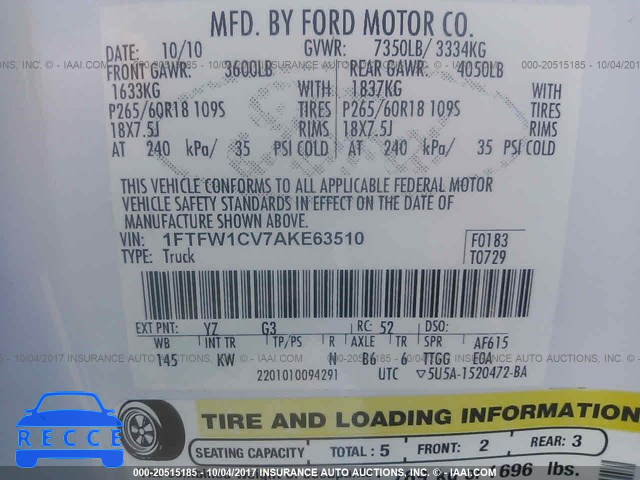 2010 Ford F150 1FTFW1CV7AKE63510 зображення 8