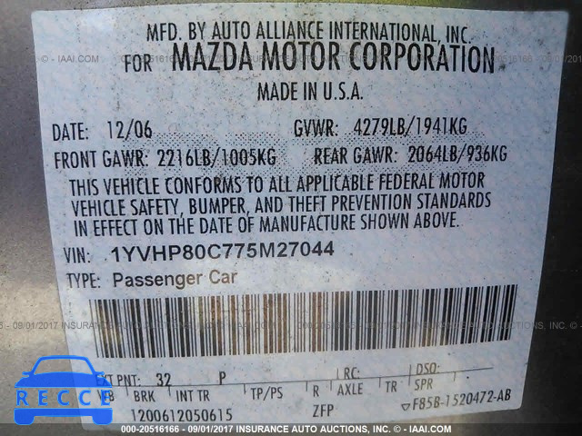 2007 Mazda 6 I 1YVHP80C775M27044 image 8