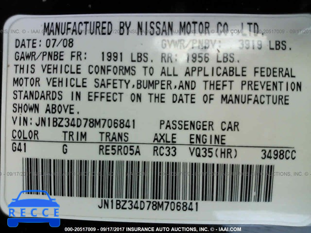 2008 Nissan 350Z JN1BZ34D78M706841 image 8