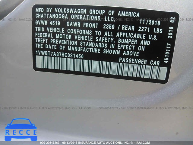 2017 VOLKSWAGEN PASSAT SE 1VWBT7A37HC031450 image 8