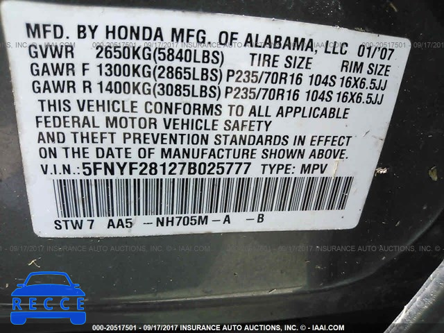 2007 Honda Pilot 5FNYF28127B025777 Bild 8