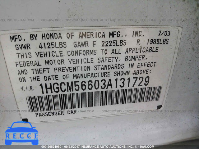 2003 Honda Accord 1HGCM56603A131729 Bild 8