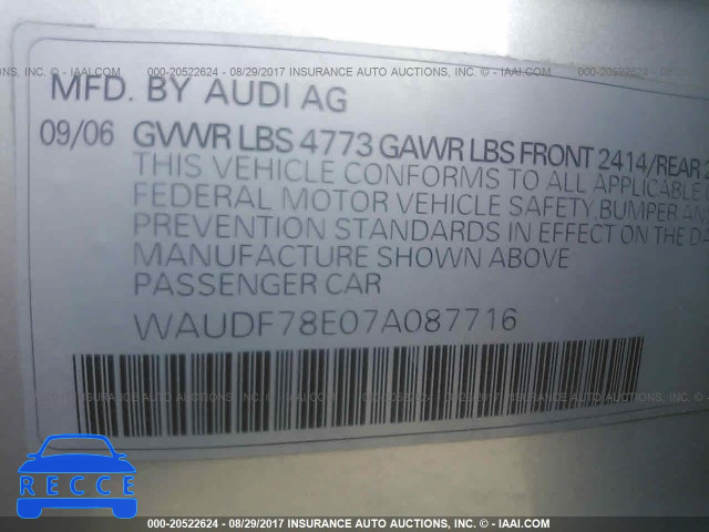 2007 Audi A4 2.0T QUATTRO WAUDF78E07A087716 зображення 8