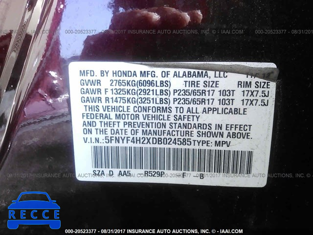 2013 HONDA PILOT 5FNYF4H2XDB024585 image 8