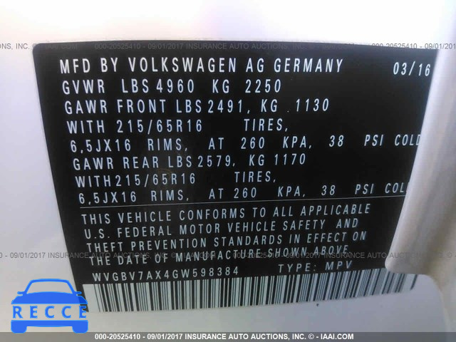 2016 VOLKSWAGEN TIGUAN WVGBV7AX4GW598384 image 8