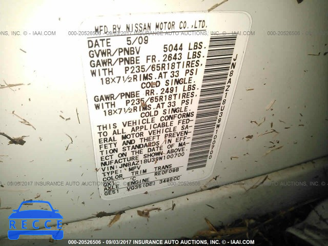 2009 Nissan Murano JN8AZ18U39W100700 зображення 8
