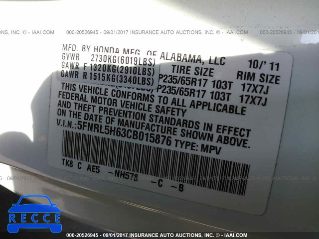2012 Honda Odyssey EXL 5FNRL5H63CB015876 image 8