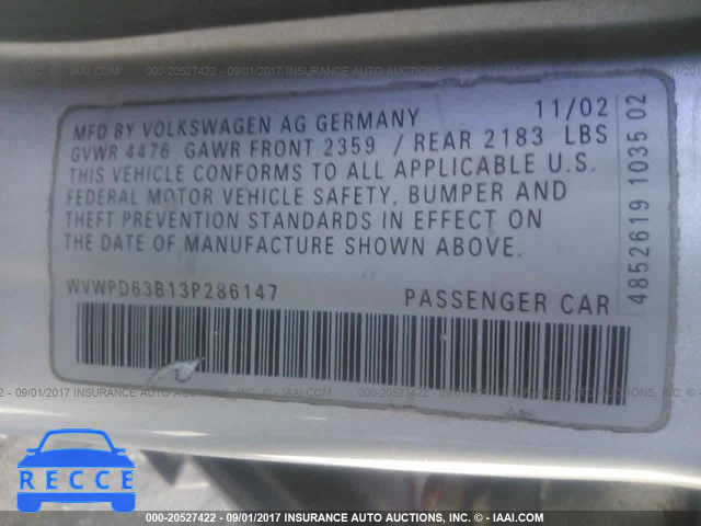 2003 VOLKSWAGEN PASSAT WVWPD63B13P286147 image 8