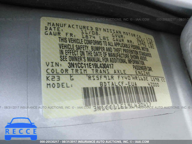 2009 Nissan Versa 3N1CC11E19L430417 image 8