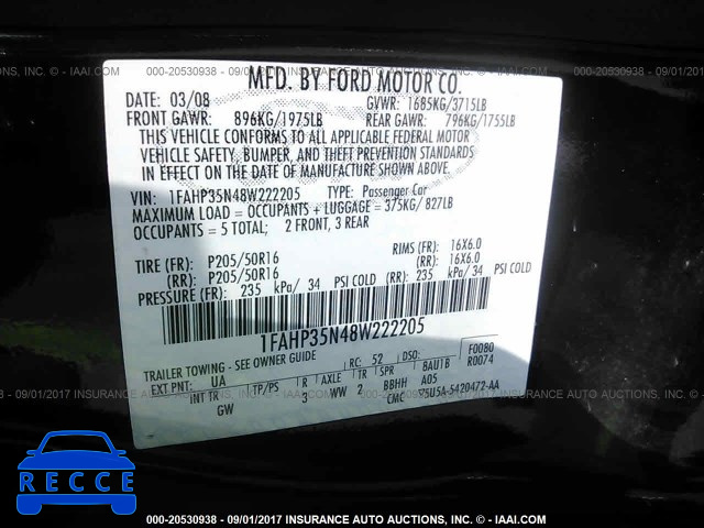 2008 Ford Focus 1FAHP35N48W222205 image 8