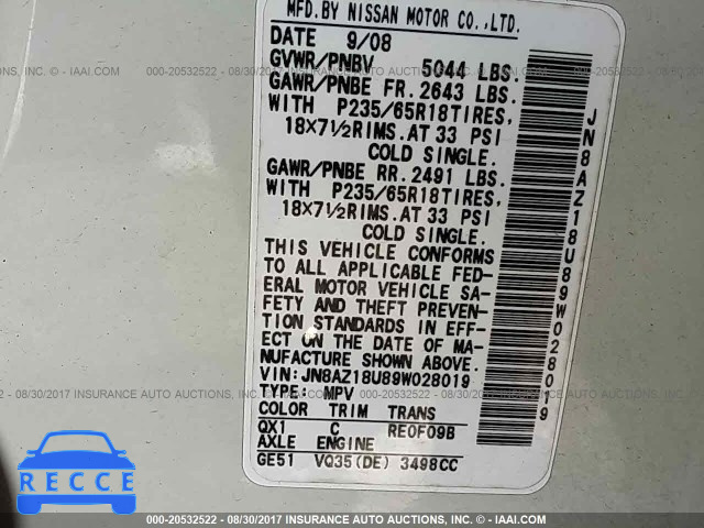 2009 Nissan Murano S/SL JN8AZ18U89W028019 image 8