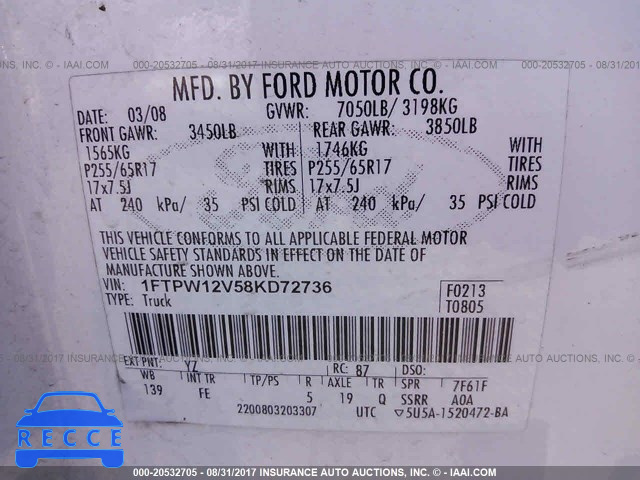 2008 Ford F150 SUPERCREW 1FTPW12V58KD72736 image 8