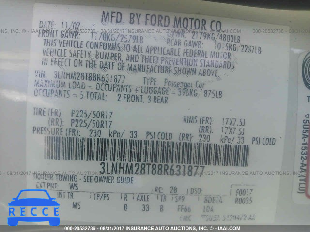 2008 Lincoln MKZ 3LNHM28T88R631877 Bild 8