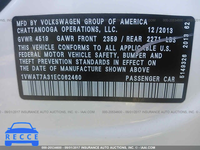 2014 Volkswagen Passat 1VWAT7A31EC062460 зображення 8