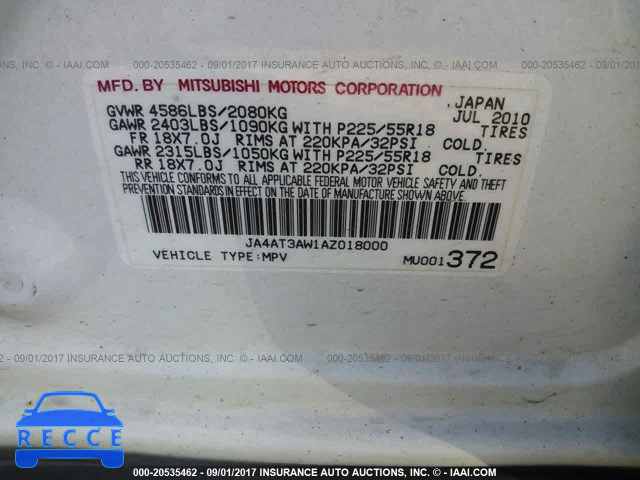 2010 Mitsubishi Outlander JA4AT3AW1AZ018000 image 8