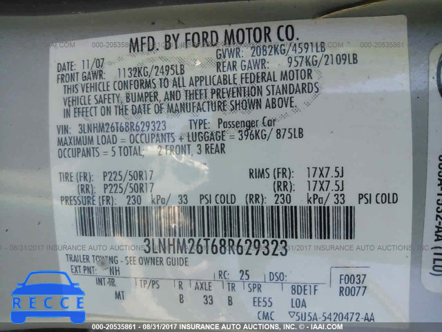 2008 Lincoln MKZ 3LNHM26T68R629323 Bild 8