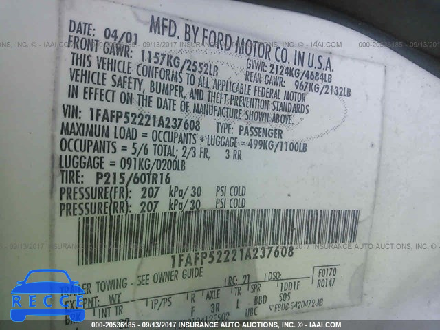2001 Ford Taurus 1FAFP52221A237608 image 8