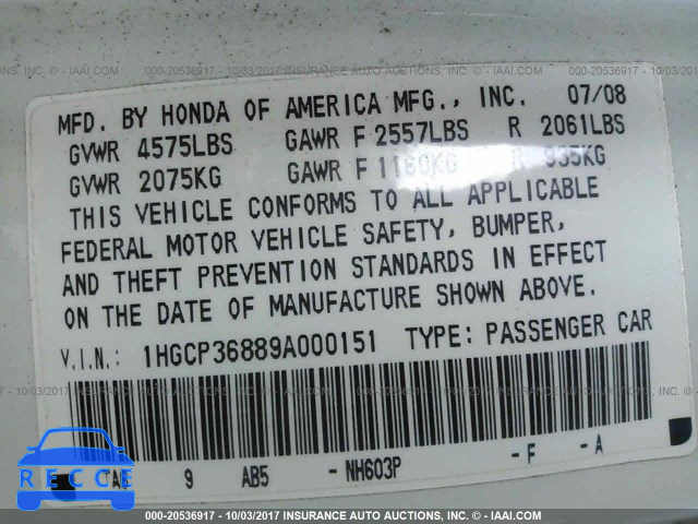 2009 Honda Accord 1HGCP36889A000151 image 8