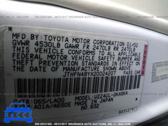 2002 Lexus SC 430 JTHFN48YX20024207 image 8