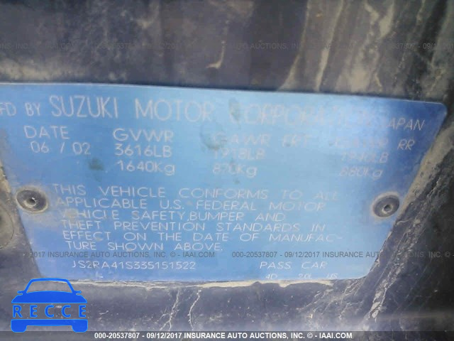 2003 Suzuki Aerio S/GS JS2RA41S335151522 image 8