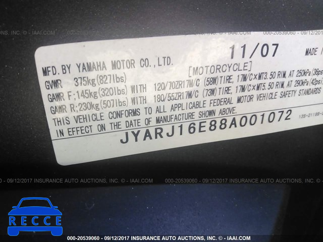 2008 Yamaha YZFR6 JYARJ16E88A001072 зображення 9