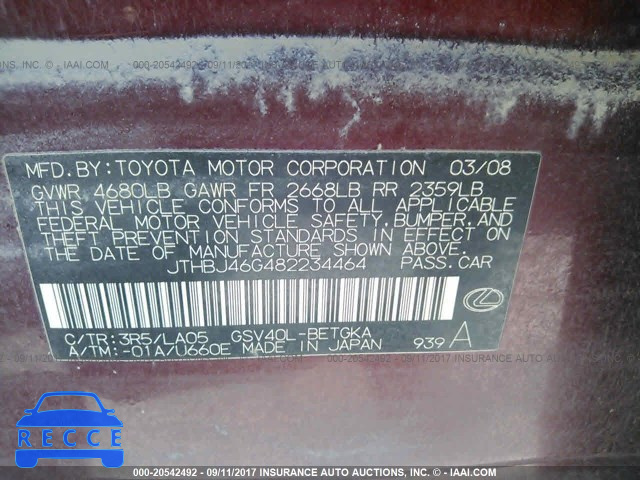 2008 Lexus ES 350 JTHBJ46G482234464 Bild 8
