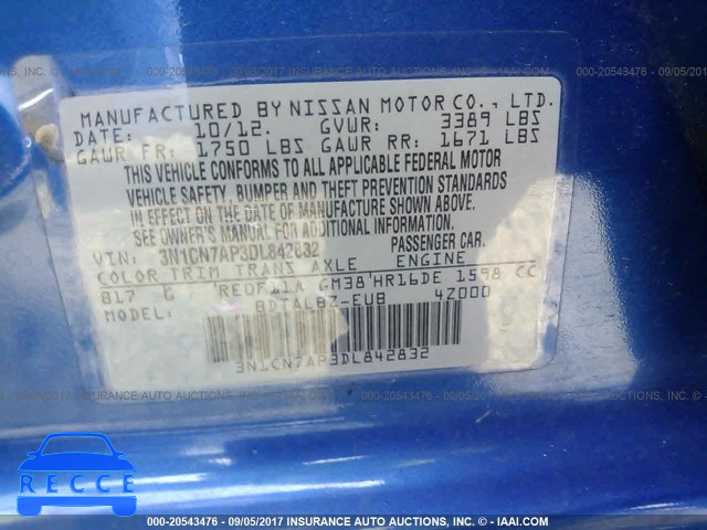 2013 Nissan Versa 3N1CN7AP3DL842832 зображення 8