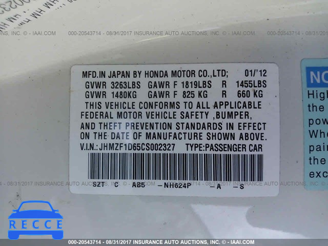2012 Honda CR-Z EX JHMZF1D65CS002327 image 8