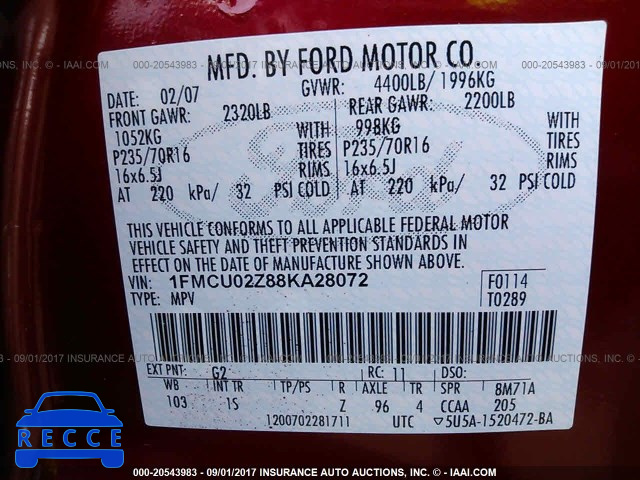 2008 FORD ESCAPE 1FMCU02Z88KA28072 зображення 8