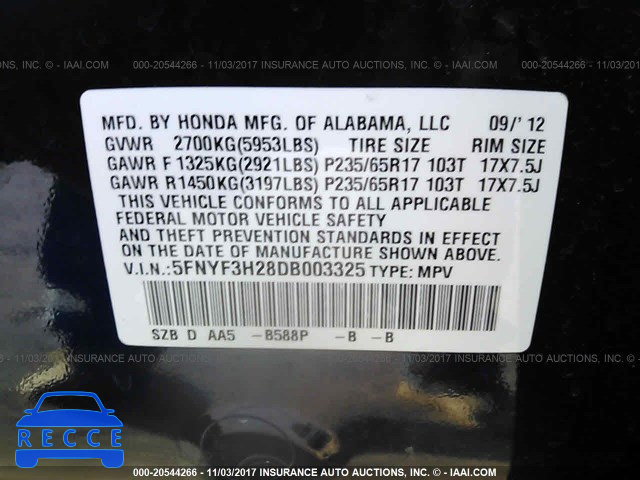 2013 Honda Pilot LX 5FNYF3H28DB003325 image 8