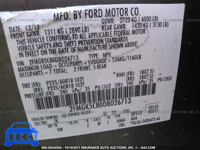 2013 Ford Flex SEL 2FMGK5C80DBD26713 image 8