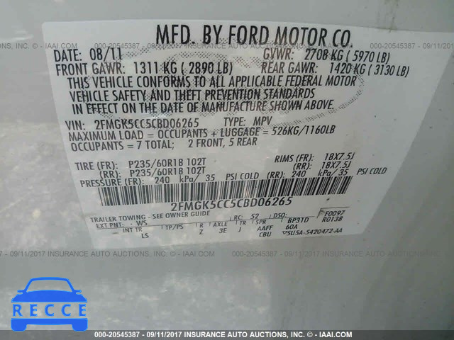 2012 Ford Flex SEL 2FMGK5CC5CBD06265 зображення 8