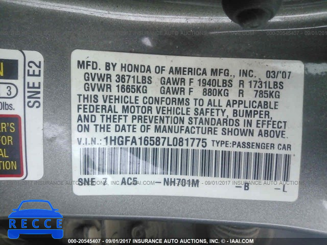 2007 Honda Civic 1HGFA16587L081775 image 8