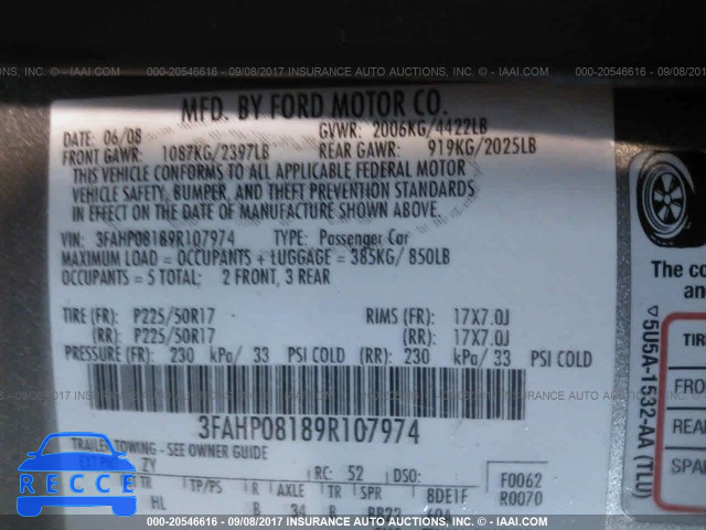 2009 Ford Fusion 3FAHP08189R107974 зображення 8