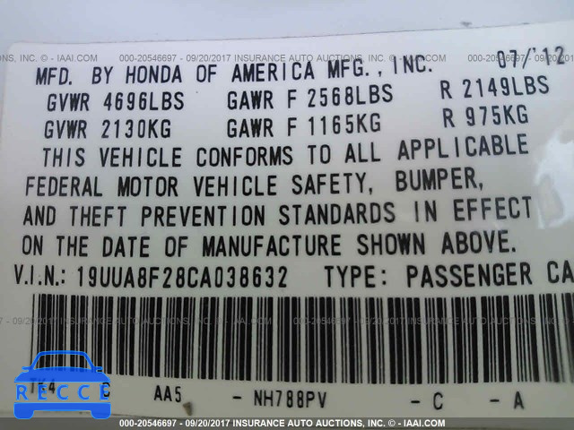 2012 Acura TL 19UUA8F28CA038632 image 8