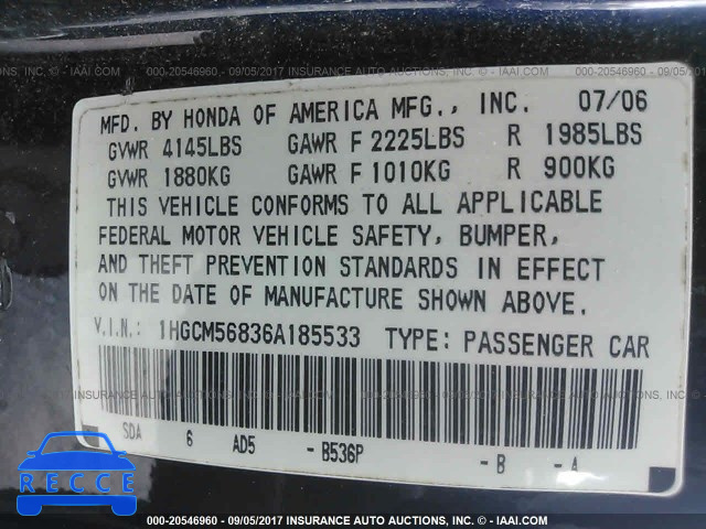 2006 Honda Accord 1HGCM56836A185533 Bild 8