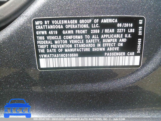 2017 VOLKSWAGEN PASSAT S 1VWAT7A31HC010590 image 8