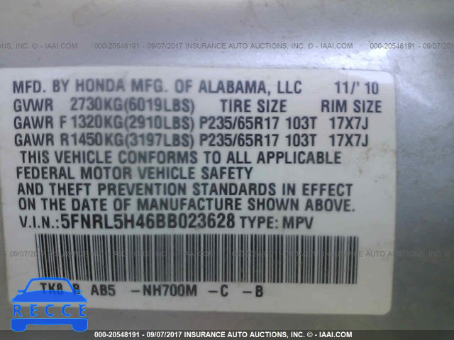 2011 Honda Odyssey 5FNRL5H46BB023628 image 8